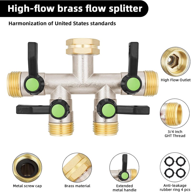 EJW 4 Way Garden Hose Splitter, Heavy Duty Garden Hose Splitter, High Flow Garden Hose Splitters, Fitting 3/4” Brass Outdoor Hose Splitter, Garden Hose Adapter Connector,Water Hose Splitter. - Image 5
